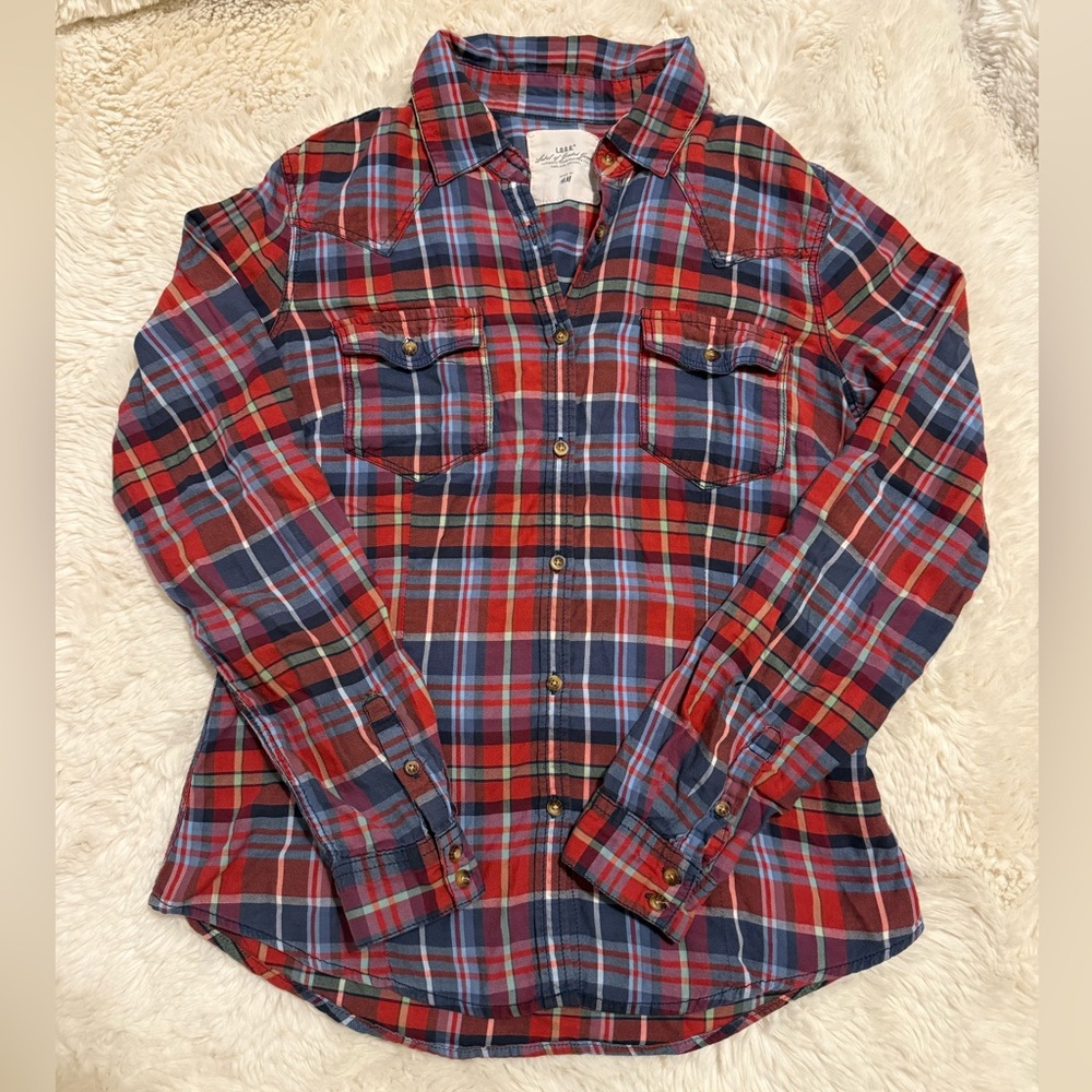 H&M Red, Blue and White Plaid Shirt with Label Detail